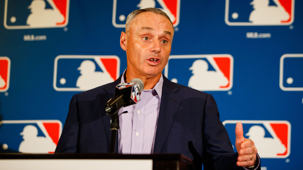 Feb 21, 2017; Phoenix, AZ, USA; Major League Baseball commissioner Rob Manfred speaks during Spring Training Media Day at The Arizona Biltmore. Mandatory Credit: Mark J. Rebilas-USA TODAY Sports
